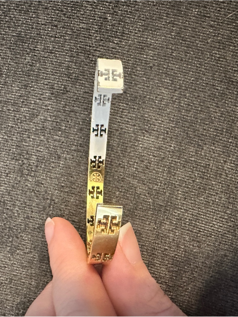 Tory Burch White and Gold Logo Open Cuff Bracelet - Picture 6 of 11